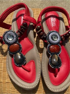 Beaded T-Strap Comfort Sandals for Women Boho Coral
